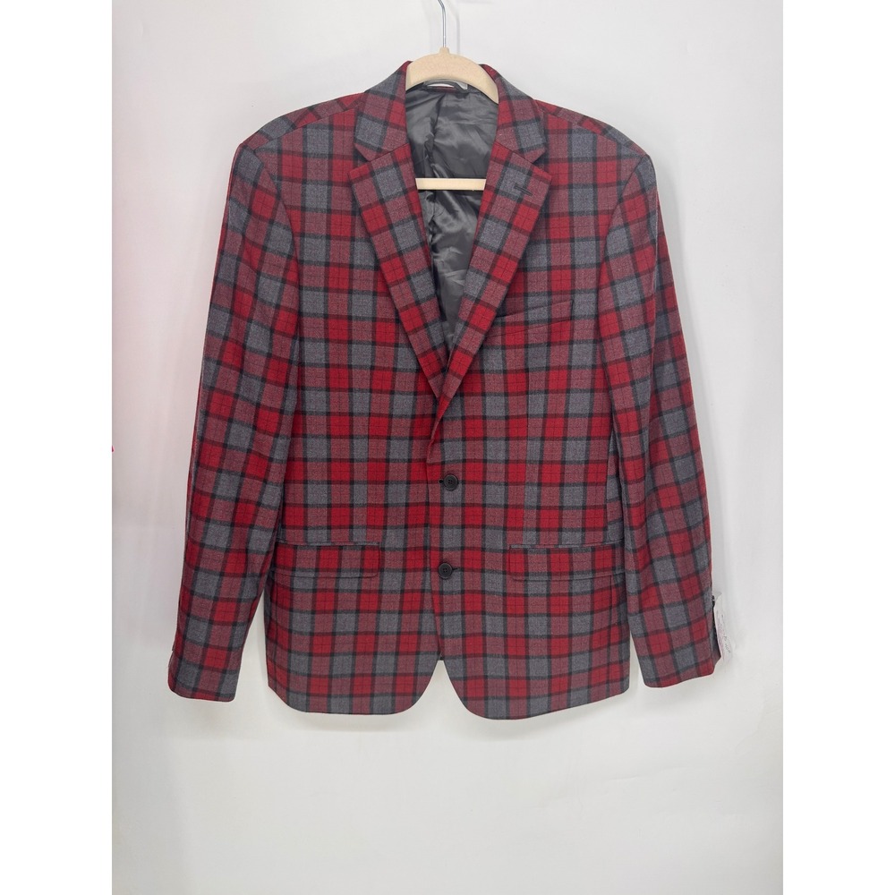 Bar III Wool Blazer Mens 40R Red Plaid Slim Fit Two Button Sport Coat
